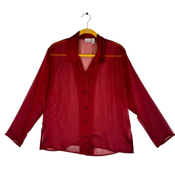 Vintage Fredricks of Hollywood Sheer Blouse SM Red Button Up Collared Negligée - Picture 1 of 10